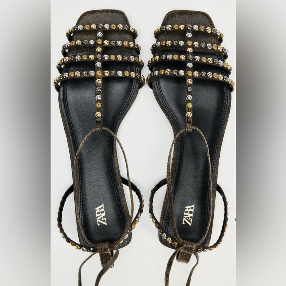 NWT ZARA LEATHER SQUARE TOE LACE UP SANDALS - Picture 1 of 11